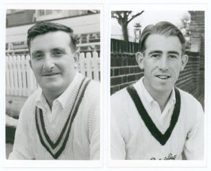 Nottinghamshire C.C.C. Bryan Douglas &lsquo;Bomber&rsquo; Wells (Gloucestershire & Nottinghamshire 1951-1965) and Andrew John Corran (Oxford University & Nottinghamshire 1958-1965. Two mono real photograph plain back postcards, each player depicted head and shoulders