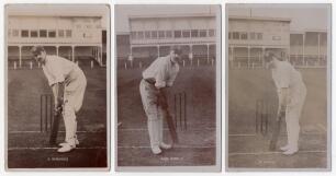 Nottinghamshire C.C.C. player postcards c.1910. Three early sepia real photograph postcards of Nottinghamshire players, each depicted in batting pose at the wicket wearing Nottinghamshire cap. Players are James Iremonger, John Gunn and Wilfred Payton. All