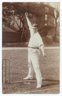 Thomas George &lsquo;Tom&rsquo; Wass. Nottinghamshire 1896-1920. Early original sepia real photograph postcard of Wass standing full length at the wicket in bowling pose wearing Nottinghamshire cap. Printed title &lsquo;Wass&rsquo;. Blind embossed stamp for Foster of Brighton to