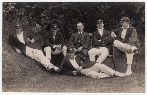 Nottinghamshire C.C.C. Professionals 1924. Sepia real photograph postcard of six Nottinghamshire professionals in informal pose, wearing cricket attire, caps and blazers. Players appear to include Barratt, Payton, Staples, Whysall, Walker etc. Photograph 