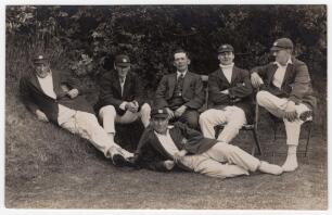 Nottinghamshire C.C.C. Professionals 1924. Sepia real photograph postcard of six Nottinghamshire professionals in informal pose, wearing cricket attire, caps and blazers. Players appear to include Barratt, Payton, Staples, Whysall, Walker etc. Photograph 