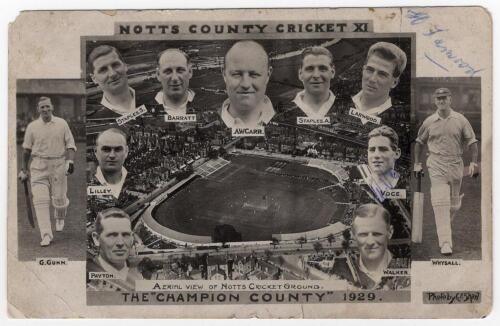 &lsquo;Notts County Cricket XI. &ldquo;The Champion County&rdquo; 1929&rsquo;. Original mono real photograph postcard depicting the Nottinghamshire players in cameo surrounding an aerial view of the Trent Bridge Ground. Signed in blue biro to the front by Harold Larwood, and to 