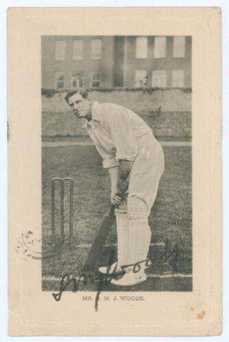 Samuel Moses James &lsquo;Sammy&rsquo; Woods. Cambridge University, Somerset, England & Australia 1888-1910. Mono postcard of Woods in batting pose at the wicket. Signed in black ink to the image by Woods. Printed title &lsquo;Mr. S.M.J. Woods&rsquo;. Wrench series no. 1689. Pos
