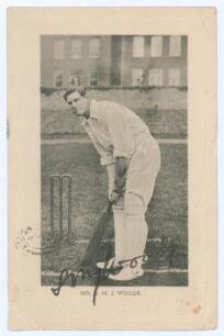 Samuel Moses James &lsquo;Sammy&rsquo; Woods. Cambridge University, Somerset, England & Australia 1888-1910. Mono postcard of Woods in batting pose at the wicket. Signed in black ink to the image by Woods. Printed title &lsquo;Mr. S.M.J. Woods&rsquo;. Wrench series no. 1689. Pos
