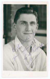 Gerald George Tordoff. Somerset & Cambridge University 1950-1955. Mono real photograph plain back postcard of Tordoff, head and shoulders wearing cricket attire. Signed in blue biro by Tordoff. Official stamp for A. Wilkes & Son, West Bromwich to verso. A