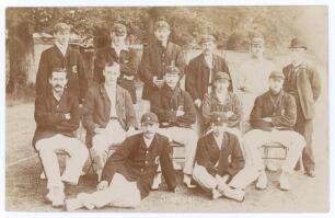 Surrey C.C.C. 1905. Early sepia real photograph postcard of the Surrey team for the match v Sussex at The Saffrons, Eastbourne 24th- 26th July 1905, the players seated and standing in rows wearing caps and blazers. Players are Lord Dalmeny (Captain), Hobb