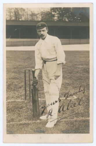 Robert Abel. Surrey & England 1881-1904. Sepia real photograph postcard of Abel in batting pose at the wicket wearing Surrey cap. Very nicely signed in black ink to the photograph &lsquo;Yours truly R. Abel&rsquo;. Very faint printed title to lower edge of photograph