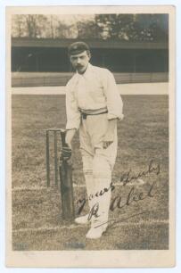 Robert Abel. Surrey & England 1881-1904. Sepia real photograph postcard of Abel in batting pose at the wicket wearing Surrey cap. Very nicely signed in black ink to the photograph &lsquo;Yours truly R. Abel&rsquo;. Very faint printed title to lower edge of photograph