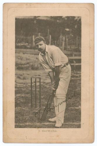 Thomas Walter &lsquo;Tom&rsquo; Hayward. Surrey & England 1893-1914. Early original mono postcard of Hayward standing full length wearing cricket attire and cap in batting pose at the wicket. Very nicely signed in black ink &lsquo;T. Hayward&rsquo; to the image. Printed title &lsquo;T