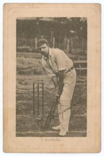 Thomas Walter &lsquo;Tom&rsquo; Hayward. Surrey & England 1893-1914. Early original mono postcard of Hayward standing full length wearing cricket attire and cap in batting pose at the wicket. Very nicely signed in black ink &lsquo;T. Hayward&rsquo; to the image. Printed title &lsquo;T