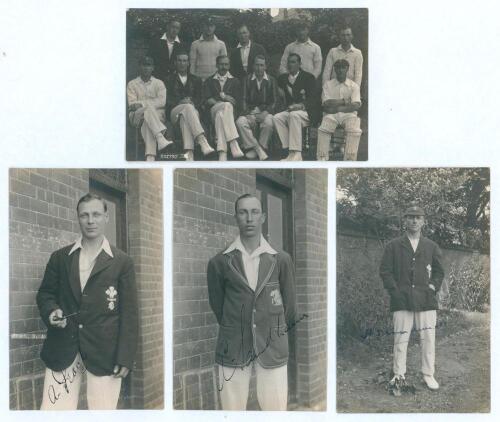 Surrey C.C.C. 1924. Original mono real photograph postcard of the Surrey team for the match v Sussex at Hove 20th- 22nd August 1924, the players seated and standing wearing cricket attire, some in blazers. Players are Fender (Captain), Fenley, Sadler, Pea