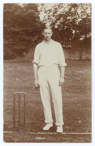 Neville Alexander Knox. Surrey & England 1904-1910. Early original sepia real photograph postcard of Knox standing full length at the wicket in cricket attire holding a ball. Printed title &lsquo;N.A. Knox&rsquo;. Blind embossed stamp for Foster of Brighton to lower 