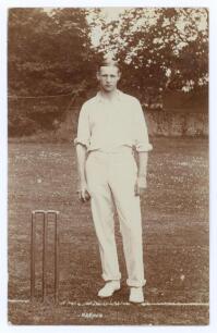 Neville Alexander Knox. Surrey & England 1904-1910. Early original sepia real photograph postcard of Knox standing full length at the wicket in cricket attire holding a ball. Printed title &lsquo;N.A. Knox&rsquo;. Blind embossed stamp for Foster of Brighton to lower 