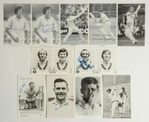 Signed cricket postcards 1950s-1980s. A selection of ten mono player postcards, each signed by the featured player. Includes five real photograph postcards of Surrey players, three &lsquo;Pamlin Prints Surrey&rsquo; cards of Arthur MacIntyre (series no. C5005), Alan 