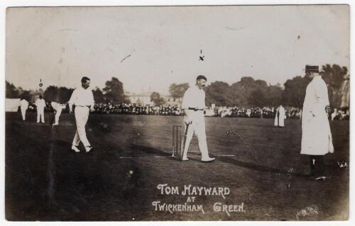 Thomas Walter &lsquo;Tom&rsquo; Hayward. Surrey & England 1893-1914. Early original mono real photograph postcard of Hayward walking away from the wicket with his bat, the umpires and other players also present, large crowds in the background. Printed title &lsquo;Tom Hayw