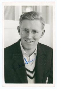 Michael John Knight &lsquo;M.J.K.&rsquo; Smith. Leicestershire, Oxford University, Warwickshire & England 1951-1975. Original mono real photograph plain back postcard of Smith, head and shoulders in cricket attire and blazer. Signed in blue ink to the photograph &lsquo;Mik