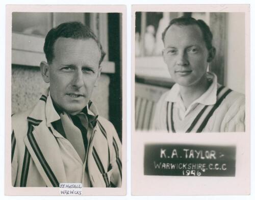 Warwickshire C.C.C. John Johnson Hossell (Warwickshire 1937-1947) and Kenneth Alexander Taylor (Warwickshire 1946-1949). Two mono real photograph plain back postcards, each player depicted head and shoulders wearing cricket attire, Hossell in blazer. The 