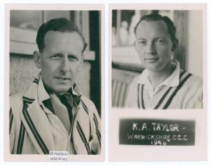 Warwickshire C.C.C. John Johnson Hossell (Warwickshire 1937-1947) and Kenneth Alexander Taylor (Warwickshire 1946-1949). Two mono real photograph plain back postcards, each player depicted head and shoulders wearing cricket attire, Hossell in blazer. The 