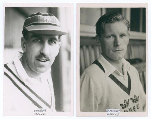 Warwickshire C.C.C. Derrick Harold Robins (Warwickshire 1947, two matches) and Ronald Harling Maudsley (Oxford University & Warwickshire 1946-1951). Two mono real photograph plain back postcards, each player depicted head and shoulders wearing cricket att