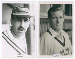 Warwickshire C.C.C. Derrick Harold Robins (Warwickshire 1947, two matches) and Ronald Harling Maudsley (Oxford University & Warwickshire 1946-1951). Two mono real photograph plain back postcards, each player depicted head and shoulders wearing cricket att