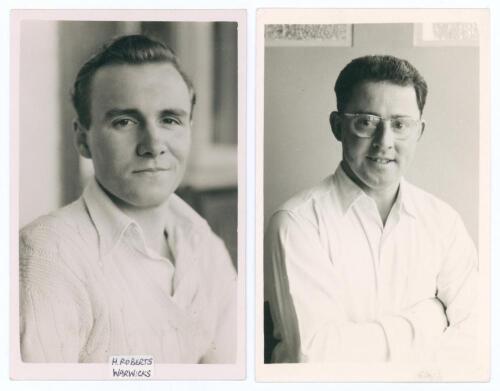 Warwickshire C.C.C. Harry Edmund Roberts (Warwickshire 1949-1950, five matches) and Raymond Edward Hitchcock (Canterbury & Warwickshire 1947-1964). Two mono real photograph plain back postcards, each player depicted head and shoulders wearing cricket atti