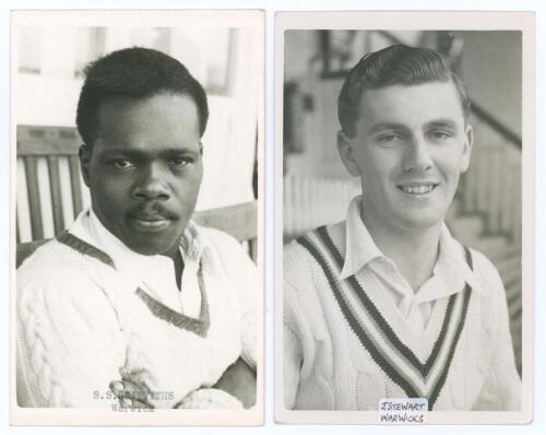 Warwickshire C.C.C. Shirley Griffiths (Warwickshire 1956-1958) and William James Perver Stewart (Warwickshire & Northamptonshire 1955-1971). Two mono real photograph plain back postcards, each player depicted head and shoulders wearing cricket attire. The