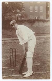 Charles Frederic Corden. Worcestershire 1900-1903 (seventeen matches). Early original sepia real photograph postcard of Cordon standing full length at the wicket in batting pose wearing Worcestershire cap. Printed title &lsquo;Gorden[sic]&rsquo;. Blind embossed stamp