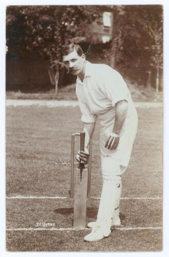 James Frederick Byrne. Warwickshire 1897-1912. Early original sepia real photograph postcard of Byrne standing full length at the wicket in batting pose. Printed title &lsquo;J.F. Byrne&rsquo;. Blind embossed stamp for Foster of Brighton to lower left corner. Postall