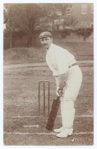 George Warrington Gaukrodger. Worcestershire 1900-1910. Rare and early original sepia real photograph postcard of Gaukrodger standing full length at the wicket in batting pose wearing Worcestershire cap. Printed title &lsquo;Gaukrodger&rsquo;. Blind embossed stamp fo