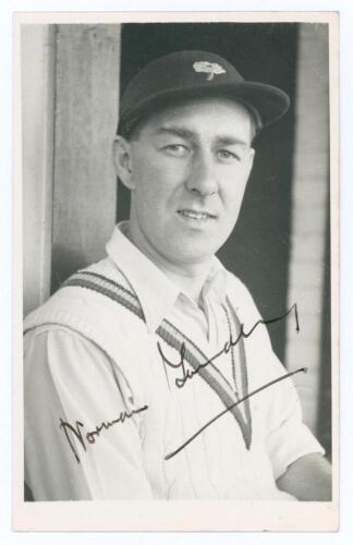 Norman Walter Dransfield Yardley. Cambridge University, Yorkshire & England 1935-1955. Mono real photograph plain back postcard of Yardley, head and shoulders wearing cricket attire and Yorkshire cap. Nicely signed &lsquo;Norman Yardley&rsquo; in black ink to the pho