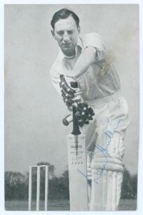 Leonard &lsquo;Len&rsquo; Hutton. Yorkshire & England 1934-1955. Mono &lsquo;Slazenger&rsquo; advertising postcard of Hutton, three quarter length in batting pose with a Gradidge bat. Signed in blue ink to the image by Hutton. Printed biographical details of Hutton&rsquo;s achievement