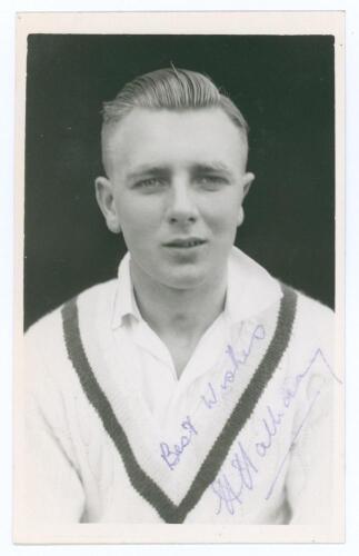 Harry Halliday. Yorkshire 1938-1953. Mono real photograph plain back postcard of Halliday, head and shoulders wearing cricket attire. Signed by Halliday in blue biro to the photograph. Official stamp for A. Wilkes & Son, West Bromwich to verso. Very good 