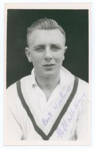 Harry Halliday. Yorkshire 1938-1953. Mono real photograph plain back postcard of Halliday, head and shoulders wearing cricket attire. Signed by Halliday in blue biro to the photograph. Official stamp for A. Wilkes & Son, West Bromwich to verso. Very good 