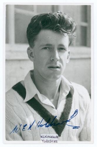 William Edgar Newman Holdsworth. Yorkshire 1952-1953. Mono real photograph plain back postcard of Holdsworth, head and shoulders wearing cricket attire. Very nicely signed in blue ink to the photograph by Holdsworth. Small handwritten name label to lower 