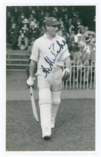 Arthur Mitchell. Yorkshire & England 1922-1945. Mono real photograph plain back postcard of Mitchell, full length walking out to bat wearing Yorkshire cap. Very nicely signed in ink by Mitchell. Date annotated to verso 1936. Appears to be by A. Wilkes & S