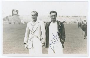 Tom Enthoven and Eddie Dawson. Scarborough 1929. Original mono real photograph plain back postcard of Enthoven and Dawson standing three quarter length on the outfield at Scarborough, wearing cricket attire and blazers. Signed in ink to the photograph by 