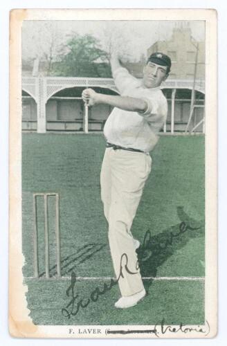 Frank Laver. Victoria & Australia 1891-1912. Tinted colour printed postcard of Laver, full length, in bowling pose wearing Australian cap at Lord&rsquo;s during the Australian tour of England in 1909. Nicely signed in black ink by Laver. Printed details to lowe
