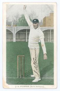 John Denis Alphonsus O&rsquo;Connor. New South Wales, South Australia & Australia 1904-1910. Tinted colour printed postcard of O&rsquo;Connor, full length, in bowling pose wearing Australian cap at Lord&rsquo;s during the Australian tour of England in 1909. Nicely signed i