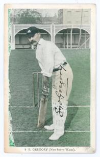 Sydney Edward Gregory. New South Wales & Australia. 1889-1912. Tinted colour printed postcard of Gregory, full length, in batting pose wearing Australian cap at Lord&rsquo;s during the Australian tour of England in 1909. Nicely signed in black ink by Gregory. P