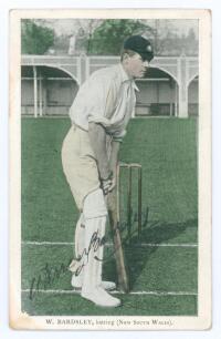 Warren Bardsley. New South Wales & Australia 1903-1926. Tinted colour printed postcard of Bardsley, full length, in batting pose wearing Australian cap at Lord&rsquo;s during the Australian tour of England in 1909. Nicely signed in black ink by Bardsley. Printe