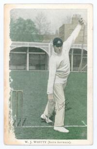 William James Whitty. New South Wales, South Australia & Australia 1907-1926. Tinted colour printed postcard of Whitty, full length, in bowling pose wearing Australian cap at Lord&rsquo;s during the Australian tour of England in 1909. Nicely signed in black ink