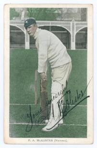 Peter Alexander McAlister. Victoria & Australia 1898-1911. Tinted colour printed postcard of McAlister, full length, in batting pose wearing Australian cap at Lord&rsquo;s during the Australian tour of England in 1909. Nicely signed in black ink by McAlister. P