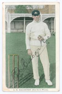 Charles George Macartney. New South Wales & Australia 1905-1926. Tinted colour printed postcard of Macartney, full length, in bowling pose wearing Australian cap at Lord&rsquo;s during the Australian tour of England in 1909. Nicely signed in black ink by Macart
