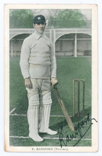 Vernon Ransford. Victoria & Australia 1903-1928 . Tinted colour printed postcard of Ransford, full length, in batting pose wearing Australian cap at Lord&rsquo;s during the Australian tour of England in 1909. Nicely signed in black ink by Ransford. Printed deta