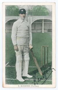 Vernon Ransford. Victoria & Australia 1903-1928 . Tinted colour printed postcard of Ransford, full length, in batting pose wearing Australian cap at Lord&rsquo;s during the Australian tour of England in 1909. Nicely signed in black ink by Ransford. Printed deta