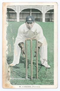 William &lsquo;Barlow&rsquo; Carkeek, Victoria & Australia, 1903-1915. Tinted colour printed postcard of Carkeek, full length, in wicket-keeping pose wearing Australian cap at Lord&rsquo;s during the Australian tour of England in 1909. Nicely signed in black ink by Carkeek