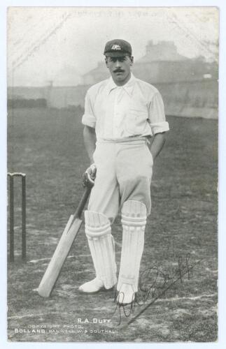 Reginald Alexander &lsquo;Reggie&rsquo; Duff. New South Wales & Australia 1898-1908. Mono postcard of Duff standing full length at the wicket in batting attire, wearing Australian touring cap. Printed title &lsquo;R.A. Duff&rsquo;. Nicely signed in black ink by Duff. T. Bolland,