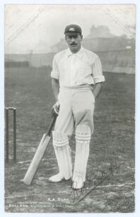 Reginald Alexander &lsquo;Reggie&rsquo; Duff. New South Wales & Australia 1898-1908. Mono postcard of Duff standing full length at the wicket in batting attire, wearing Australian touring cap. Printed title &lsquo;R.A. Duff&rsquo;. Nicely signed in black ink by Duff. T. Bolland,