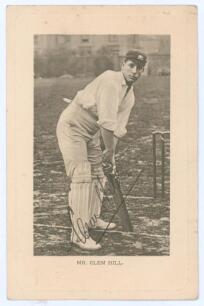Clement &lsquo;Clem&rsquo; Hill. South Australia & Australia 1892-1912. Excellent mono postcard of Hill wearing Australian cap and in batting pose. Very nicely signed in black ink by Hill. Printed title to lower border &lsquo;Mr. Clem Hill&rsquo;. Wrench Series No. 1392. Postall