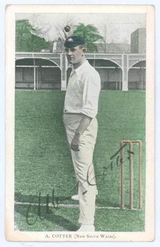 Albert &lsquo;Tibby&rsquo; Cotter. New South Wales & Australia 1901-1914. Mono postcard highlighted in green of Cotter standing full length in bowling pose at the wicket, wearing Australian touring cap, with caption to lower border &lsquo;A. Cotter (The Australian Cricket 